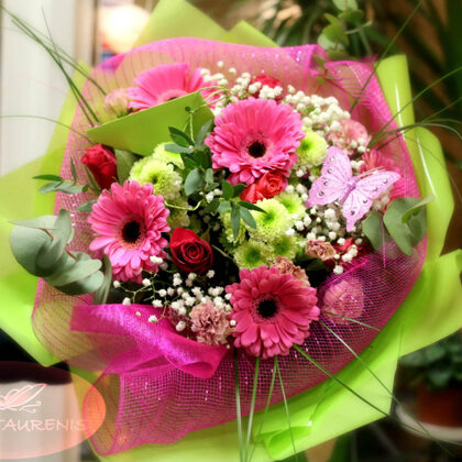 Pušķis iepakojumā. D45 cm. Gerberas 5, krizantēmas 5, rozes 5, plīvurpuķes, zaļumi. 55,-e