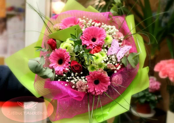 Pušķis iepakojumā. D45 cm. Gerberas 5, krizantēmas 5, rozes 5, plīvurpuķes, zaļumi. 55,-e